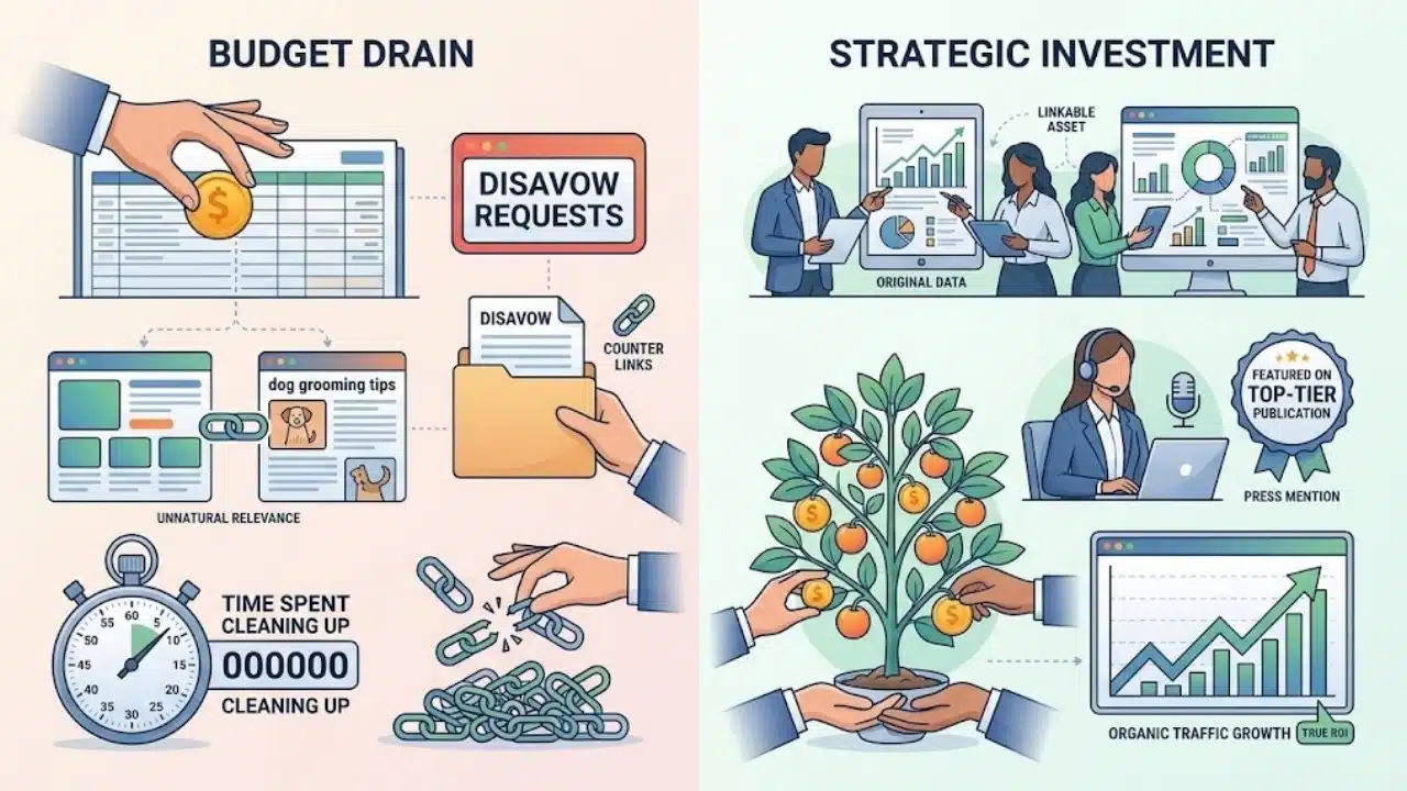 A detailed infographic comparing budget drain from toxic link cleanup against strategic investments in original data to help teams maximize SEO return on investment.