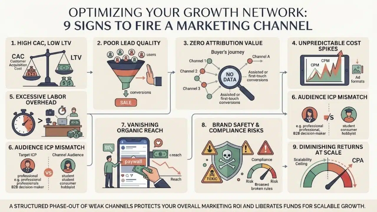 A comprehensive 9 panel infographic providing a visual checklist of signs you should fire a marketing channel, including metrics like High CAC, Low Lead Quality, Zero Attribution Value, labor overhead, and audience mismatch. It provides viewers a quick summary of essential diagnostic tools for their marketing budget.