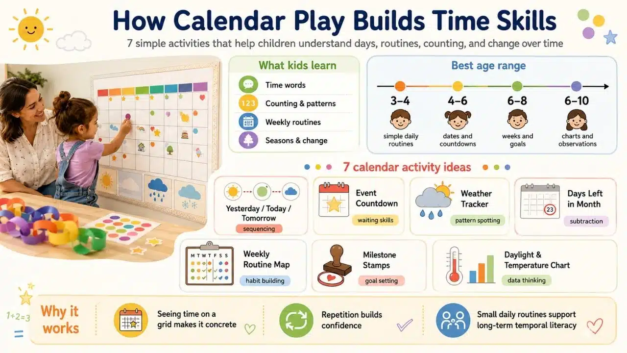 Infographic on calendar activities for early learners showing seven simple ways to teach sequencing, routines, counting, patterns, and time awareness through visual practice.