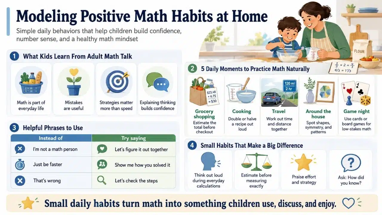 Infographic showing simple ways families can build positive math habits at home through everyday routines, supportive language, and practical problem solving activities.