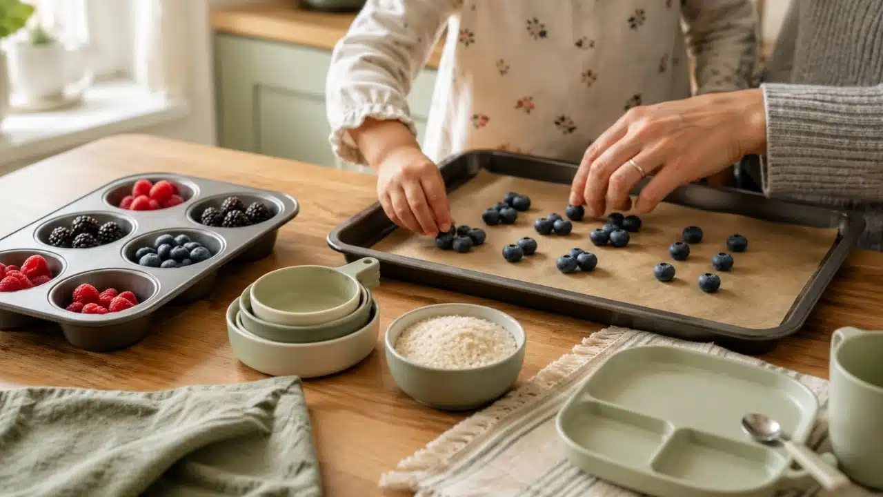 Kitchen activities that teach numbers using berries, measuring cups, and grouping tasks to build early counting and measurement skills.