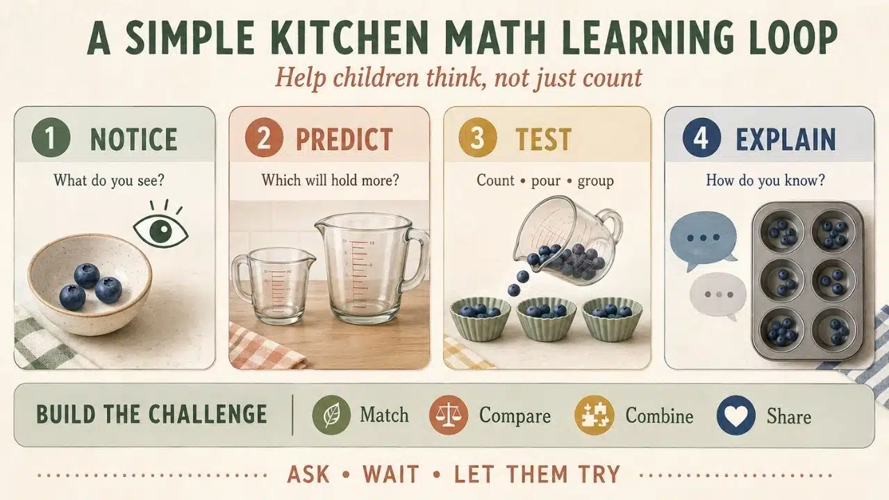Kitchen math learning loop showing how children notice, predict, test, and explain numerical ideas during everyday food preparation.