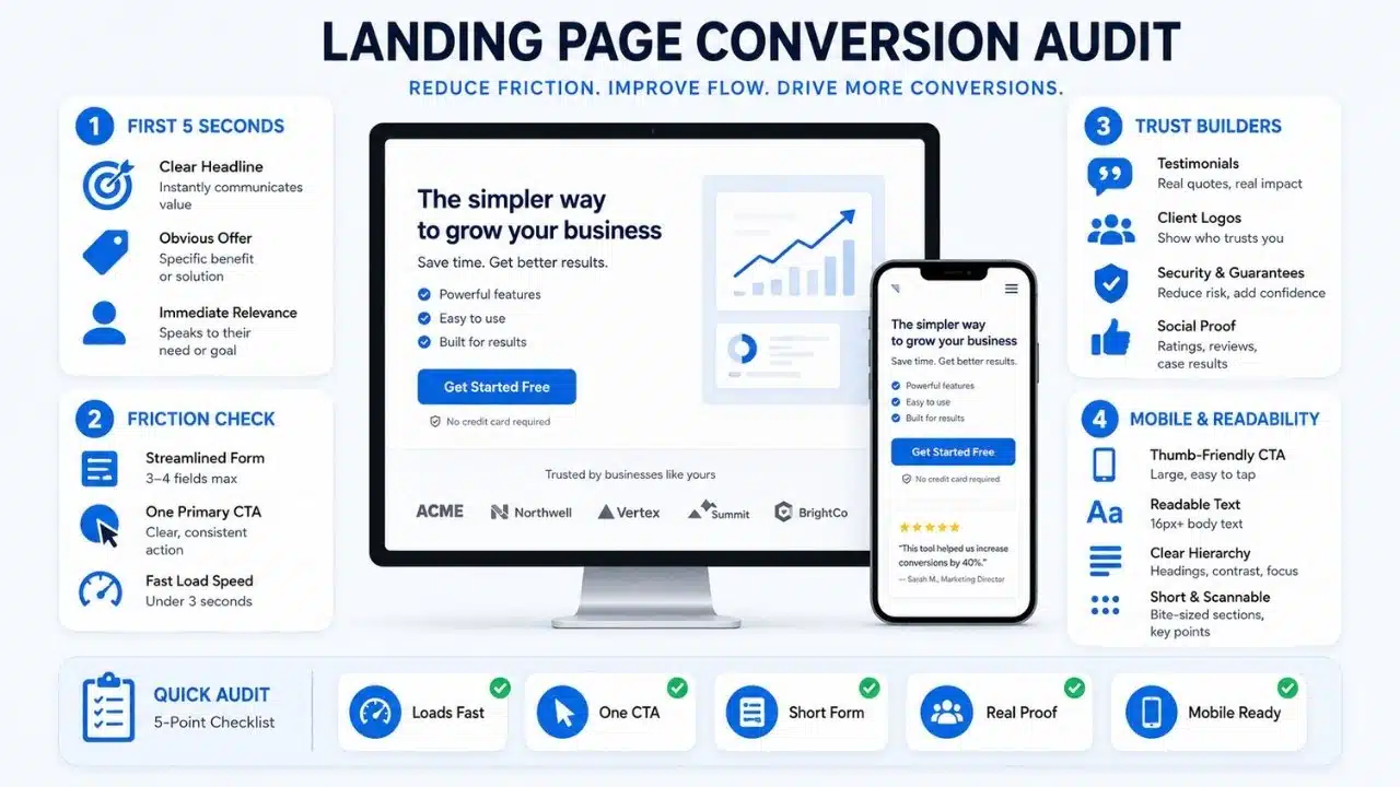 Landing page conversion audit showing key checks for clarity, friction, trust, mobile usability, and readability to help improve conversion performance.