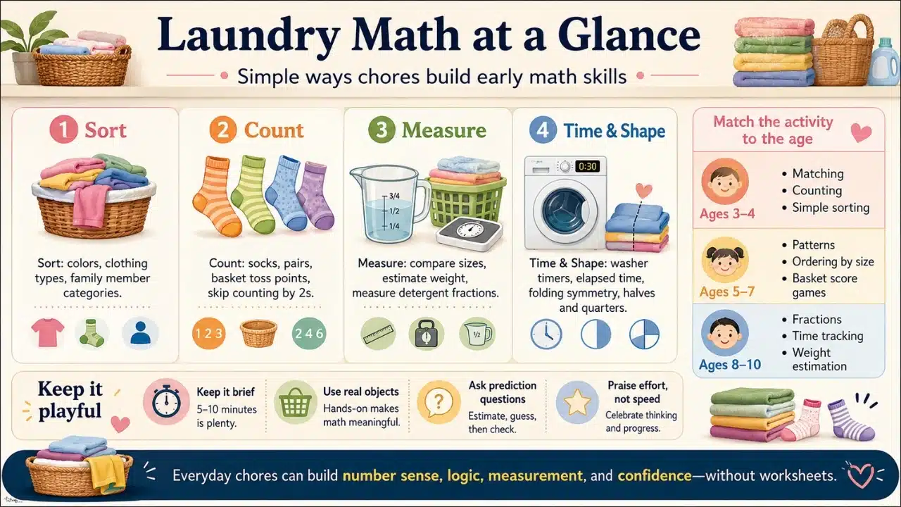 Infographic showing simple laundry activities that support early math skills such as sorting, counting, measuring, time tracking, and shape recognition by age group.