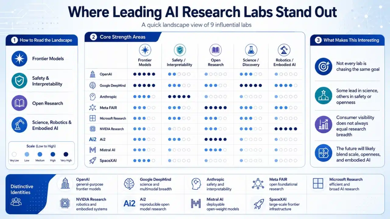 Comparison of major AI research labs across frontier models, safety, open research, science, robotics, and embodied AI.