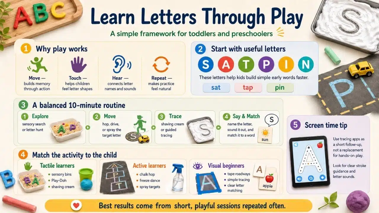 Infographic showing how movement, touch, sound, tracing, and short playful routines support early letter learning.