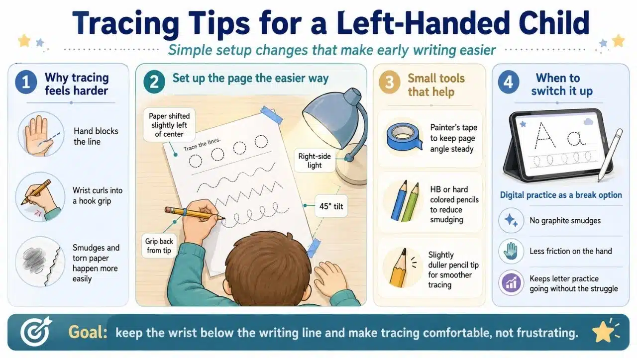 Infographic showing paper positioning, pencil grip, lighting, writing tools, and digital practice tips that can make tracing easier for left handed children.