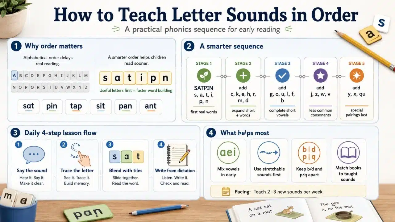 Infographic showing a practical phonics sequence with high utility letters, staged sound instruction, blending practice, and daily lesson steps.