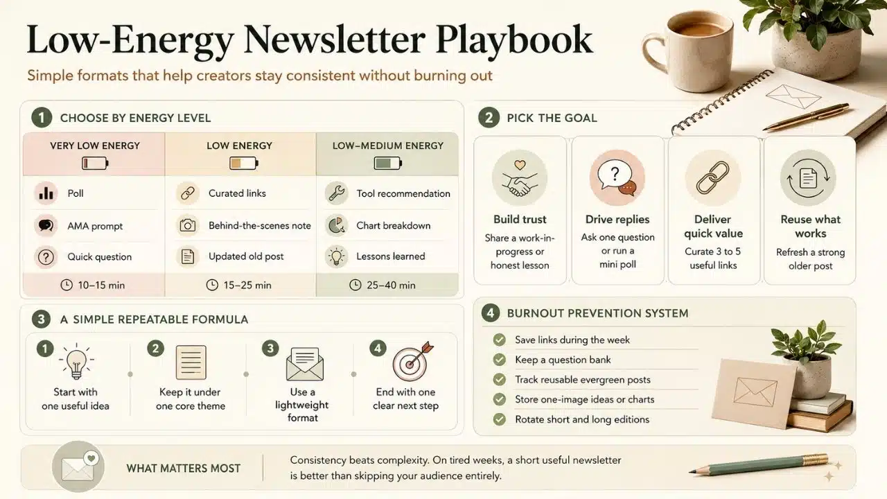 Low energy newsletter playbook showing how creators can choose simple formats by energy level, publishing goal, and available time.