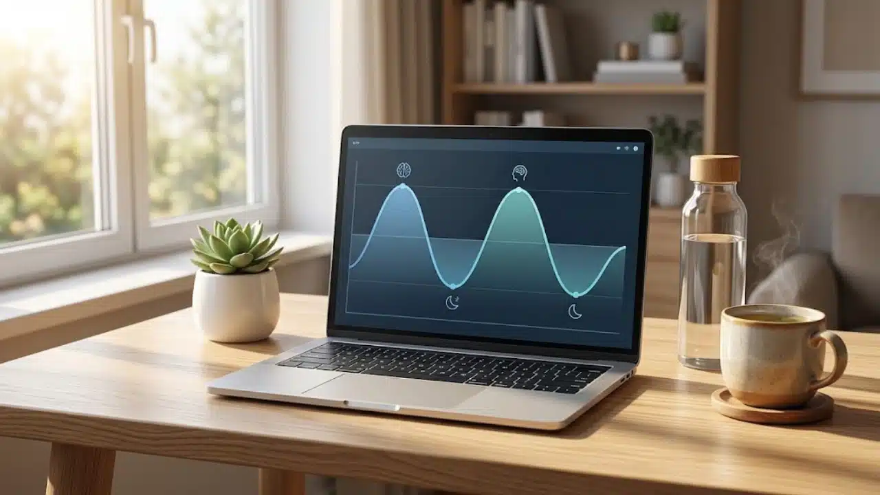 A clean office workspace with sunlight streaming onto a desk illustrating ultradian rhythms and energy cycle management for deep focus.