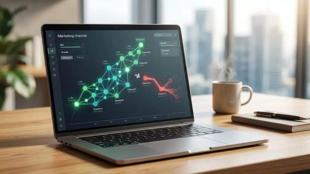 A photo of a laptop on a wooden desk displaying a complex digital data visualization of a marketing channel network where green nodes indicate success and one highlighted red path visualizes the clear signs to fire a marketing channel that is underperforming. This image helps viewers grasp the data necessary for auditing channel viability.