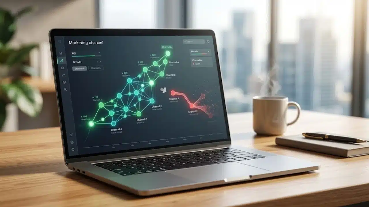 A photo of a laptop on a wooden desk displaying a complex digital data visualization of a marketing channel network where green nodes indicate success and one highlighted red path visualizes the clear signs to fire a marketing channel that is underperforming. This image helps viewers grasp the data necessary for auditing channel viability.