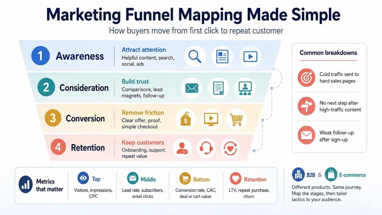 Infographic explaining the four stages of a marketing funnel with common breakdowns and key metrics, helping readers quickly understand how to map and improve