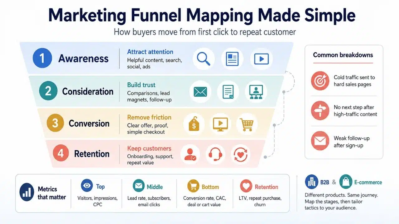 Infographic explaining the four stages of a marketing funnel with common breakdowns and key metrics, helping readers quickly understand how to map and improve