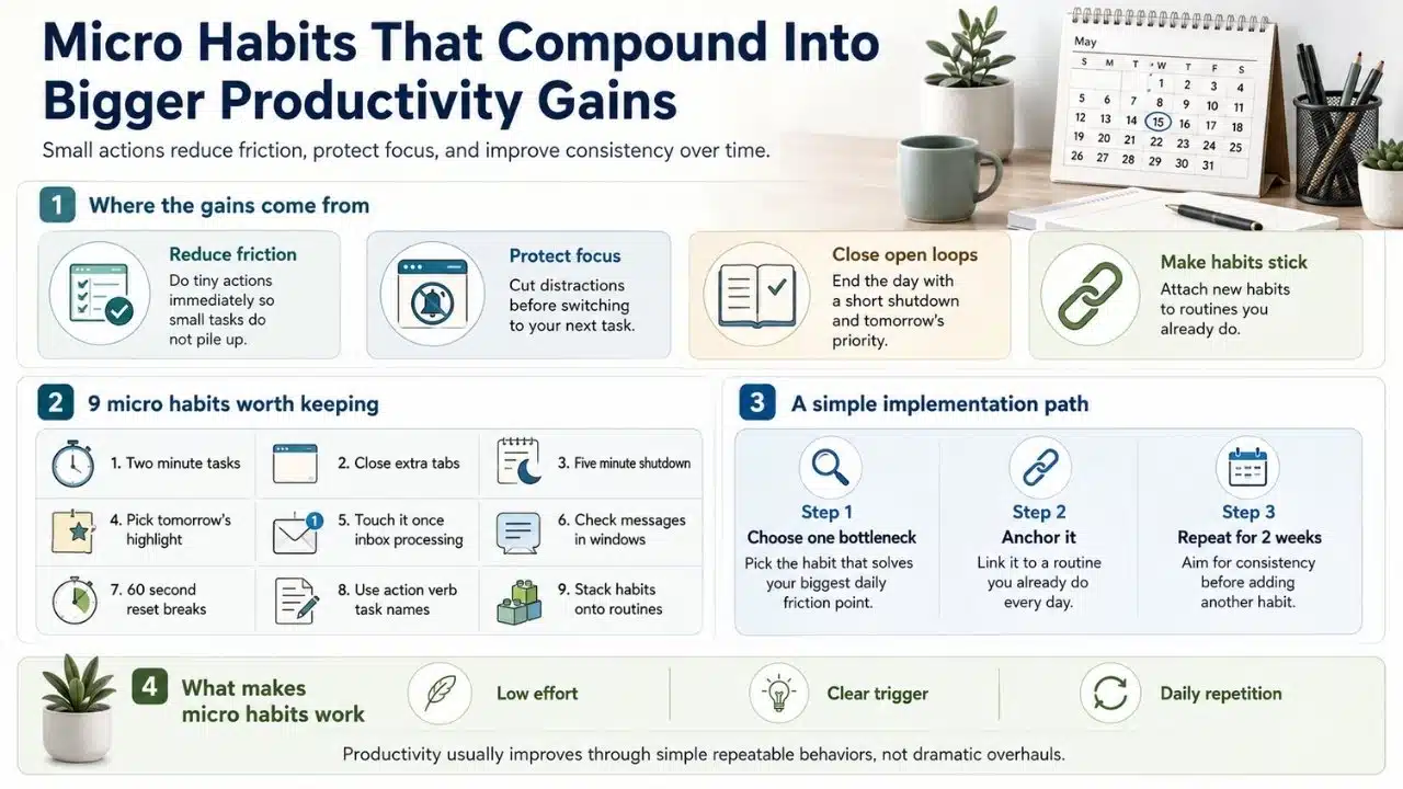 Infographic explaining how micro habits reduce friction, protect focus, strengthen routines, and create steady productivity improvements.