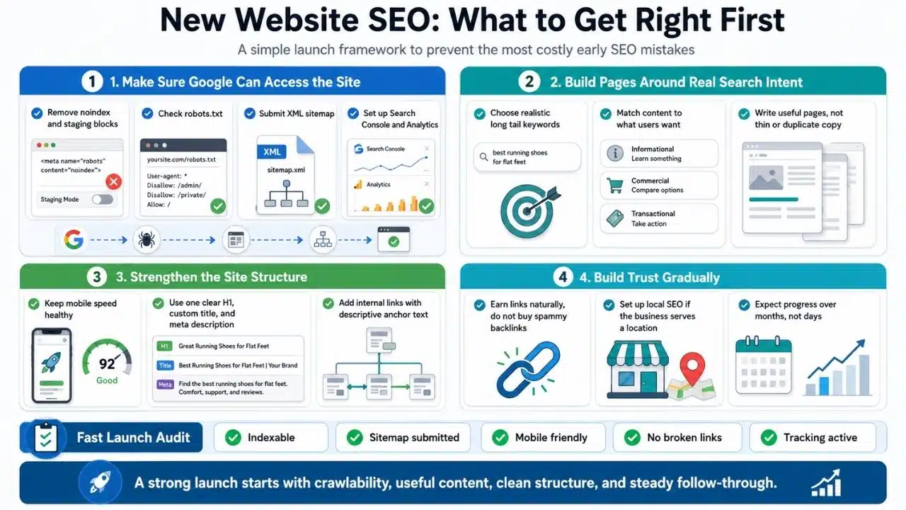 Infographic showing how crawlability, search intent, site structure, tracking, and gradual authority building support a successful new website launch.