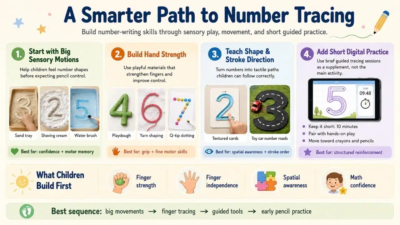 Infographic showing how sensory movement, hand strengthening, stroke practice, and short digital sessions prepare children to write numbers.