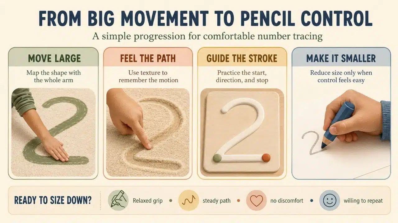 Infographic showing how children progress from whole arm number movements to smaller pencil control through sensory tracing.