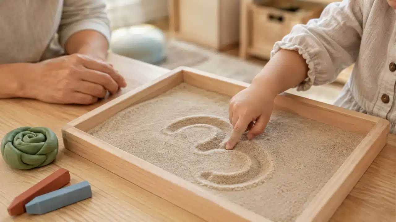 Child follows number tracing tips for kids by drawing a numeral in sand, building tactile memory and early writing control.
