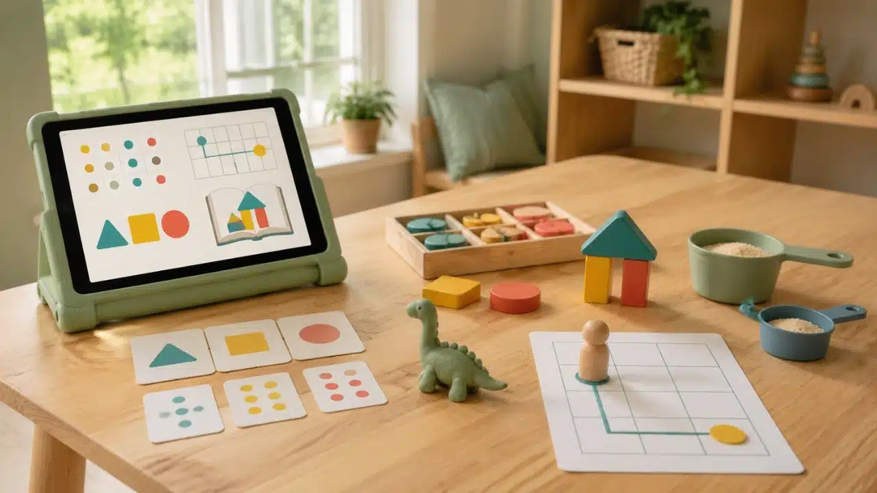 Offline educational activities for kids extending tablet lessons through blocks, matching cards, measurement, and spatial play.