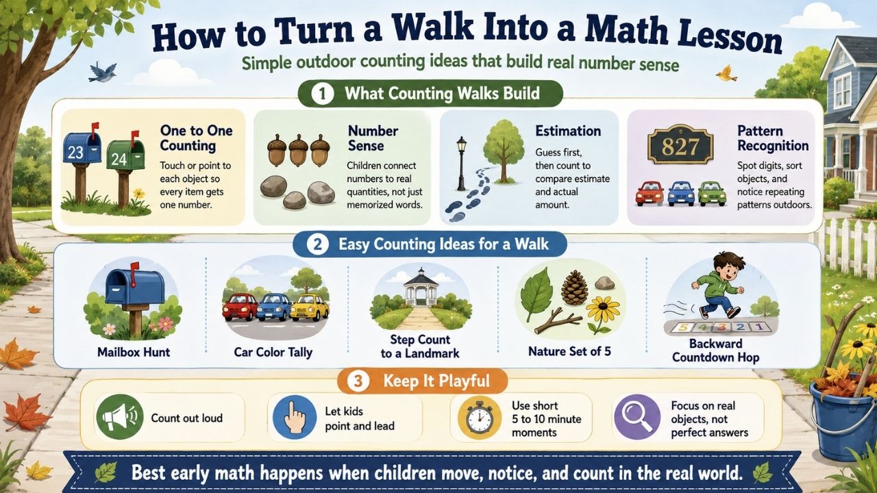 Infographic showing outdoor counting activities that build number sense, estimation, pattern recognition, and one to one counting skills.