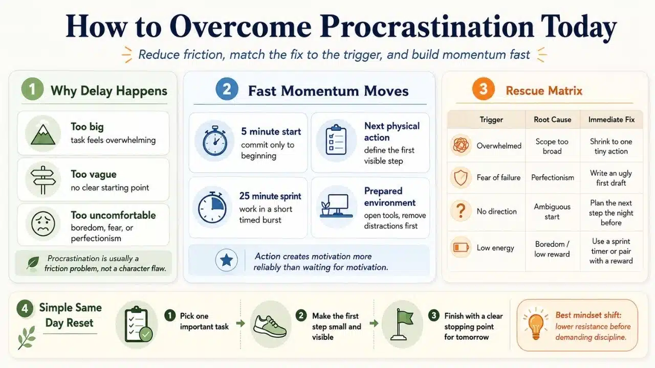 Infographic showing procrastination triggers, quick momentum strategies, immediate fixes, and a simple same day reset for getting back to work