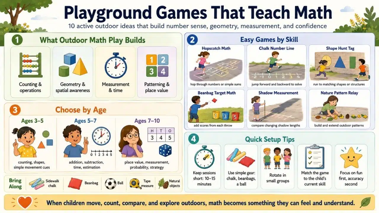 Children playing hopscotch with numbered chalk squares on a playground, showing playground games that teach math and helping readers visualize how movement, counting, and outdoor play can support early math learning.