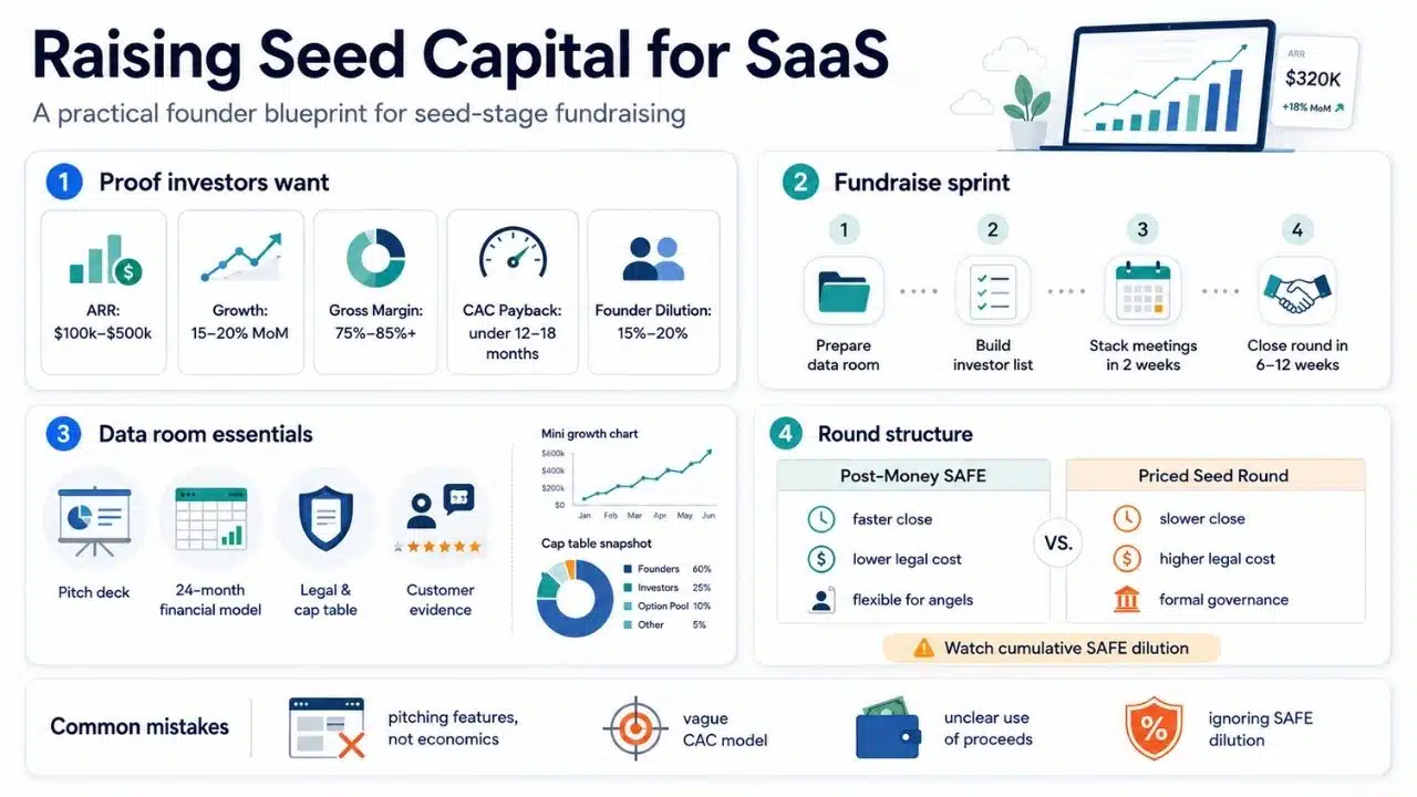 Infographic on seed stage SaaS fundraising showing investor proof points, data room essentials, fundraise steps, round structure options, and common fundraising mistakes.