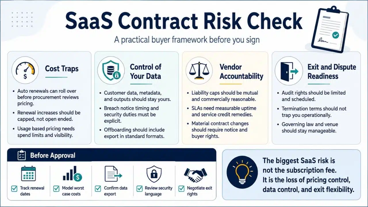 Infographic summarizing key SaaS contract risk areas such as cost traps, data control, vendor accountability, and exit readiness, helping readers quickly spot the contract issues that matter most before approval.