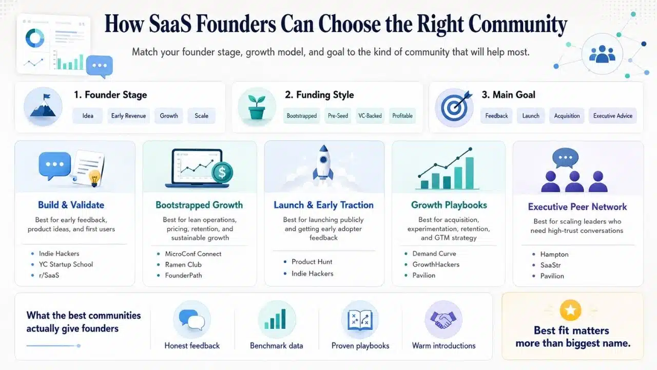 Infographic showing how SaaS founders can choose communities based on startup stage, funding style, growth goals, and the type of support they need.