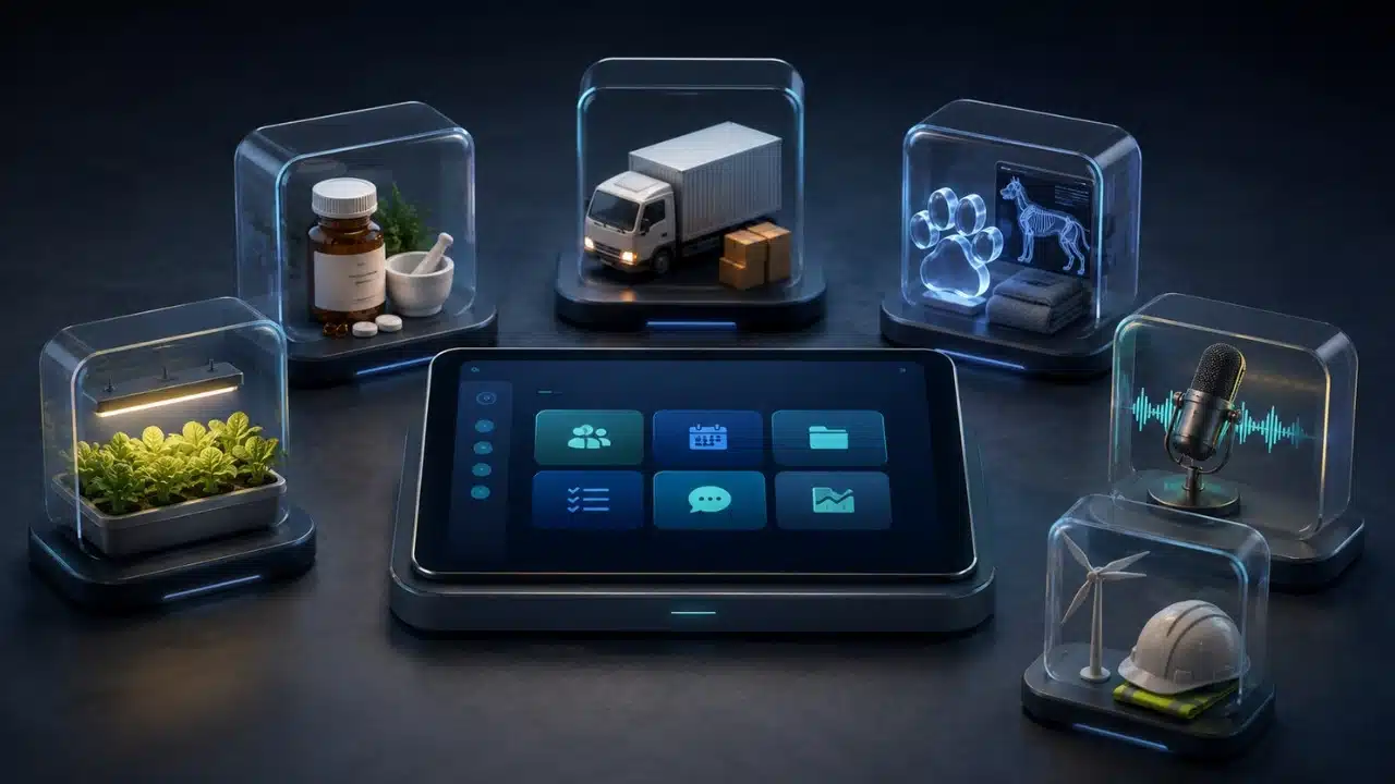 SaaS ideas for niche communities shown as one platform serving pharmacy, logistics, veterinary, farming, audio, and offshore professionals to help founders visualize specialized markets.