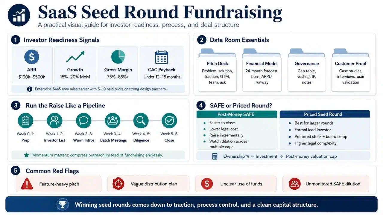 Infographic summarizing SaaS seed round fundraising with investor readiness signals, data room essentials, fundraising pipeline steps, SAFE versus priced round comparison, and common red flags for founders.