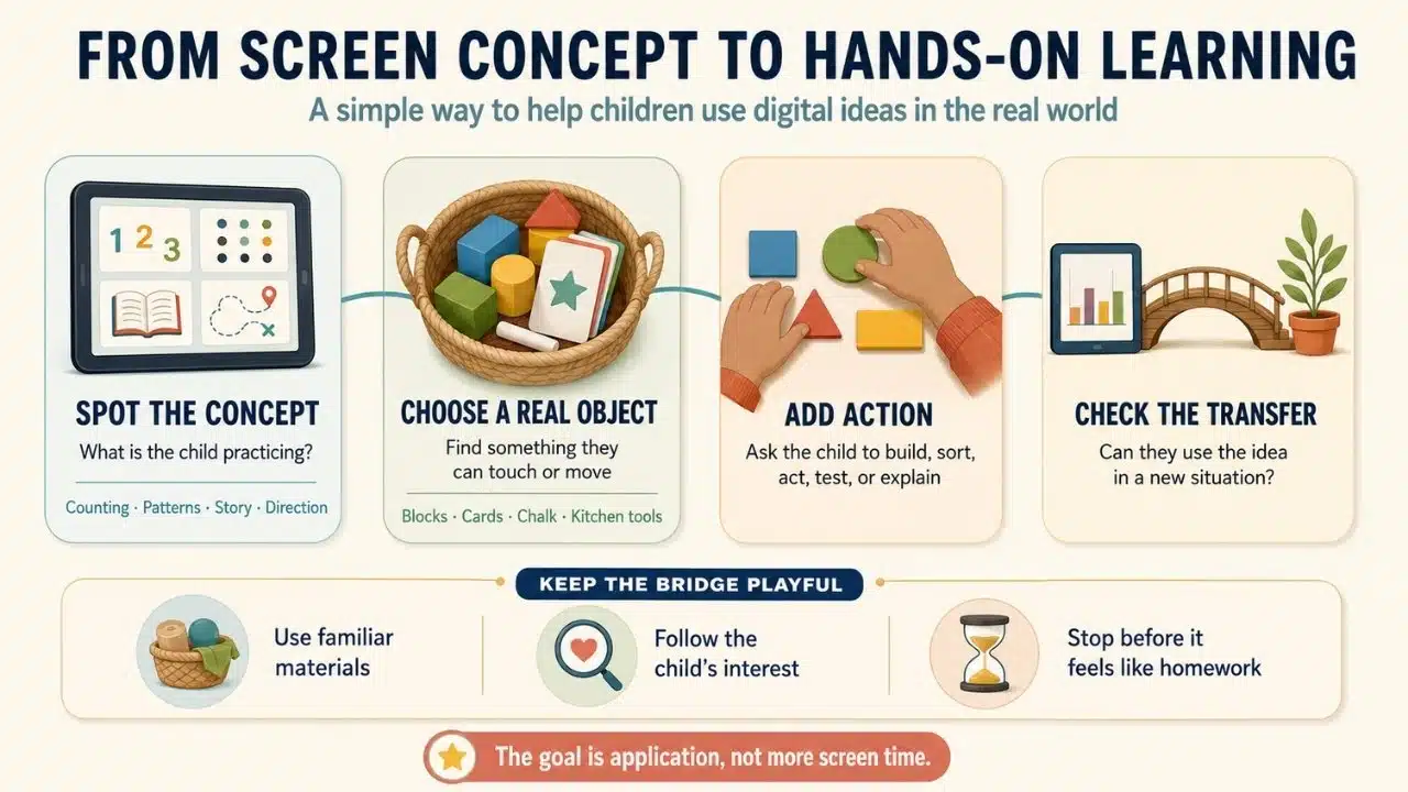 Four-step framework for turning educational app concepts into meaningful hands-on learning with familiar materials.