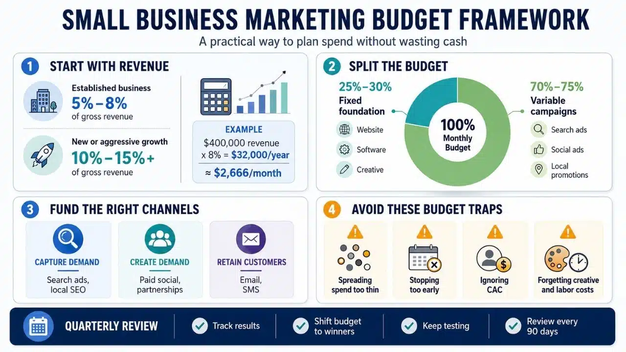 Small business marketing budget framework showing revenue based budgeting, fixed and variable spending, channel allocation, common budget traps, and quarterly reviews.