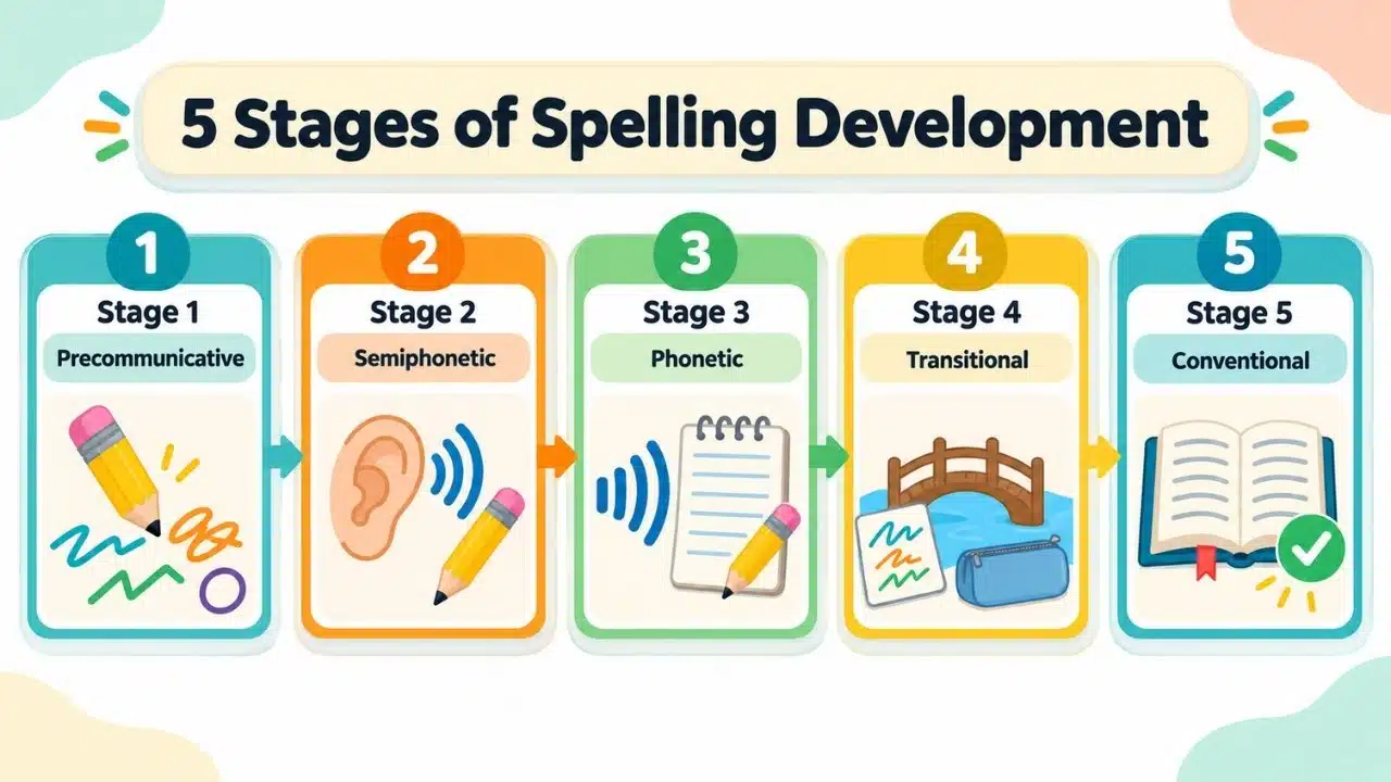 An educational infographic detailing the five progressive stages of spelling development from early phonetic attempts to conventional mastery.