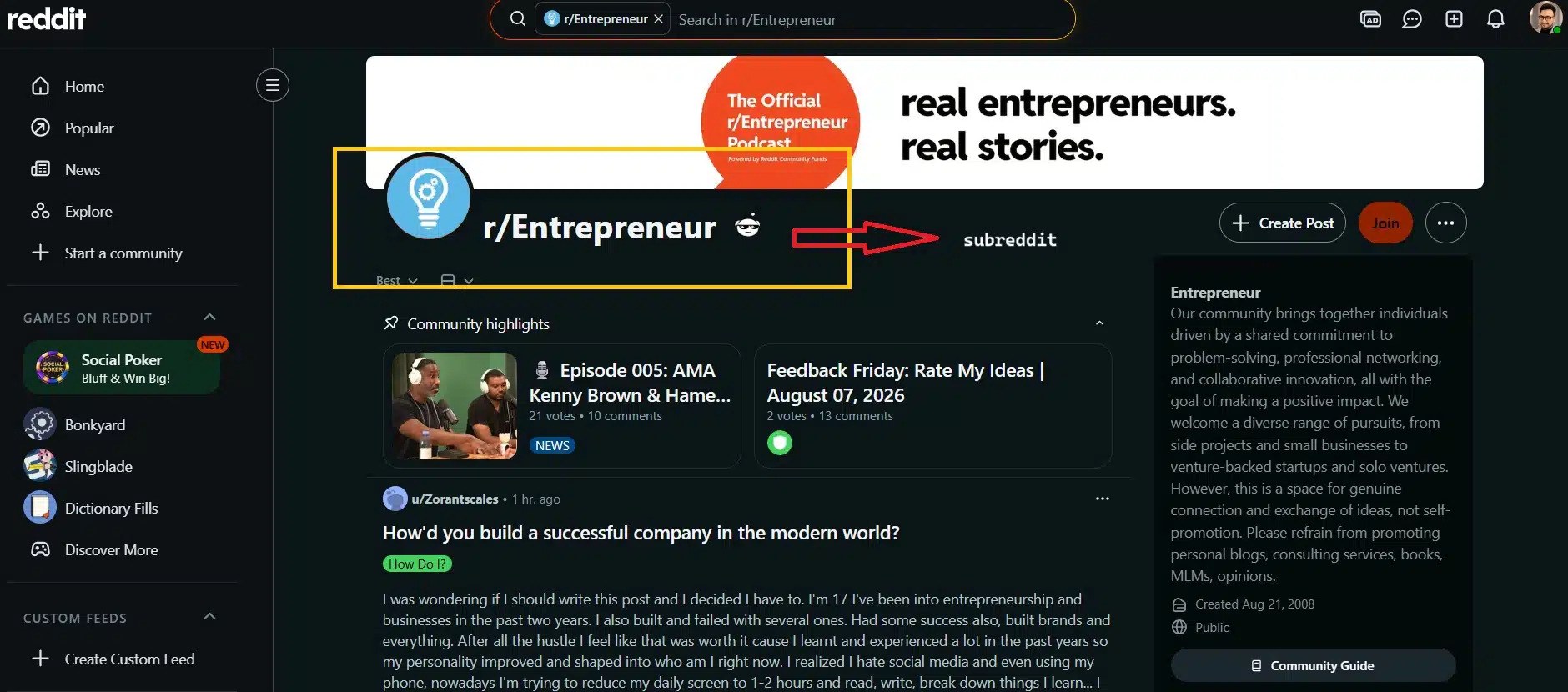 subreddit example screenshot