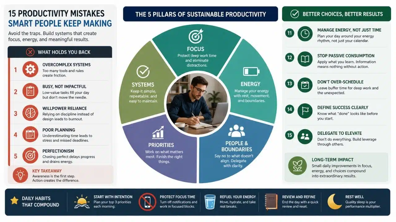 Infographic explaining the key pillars of sustainable productivity, including focus, energy, priorities, boundaries, and simple systems.