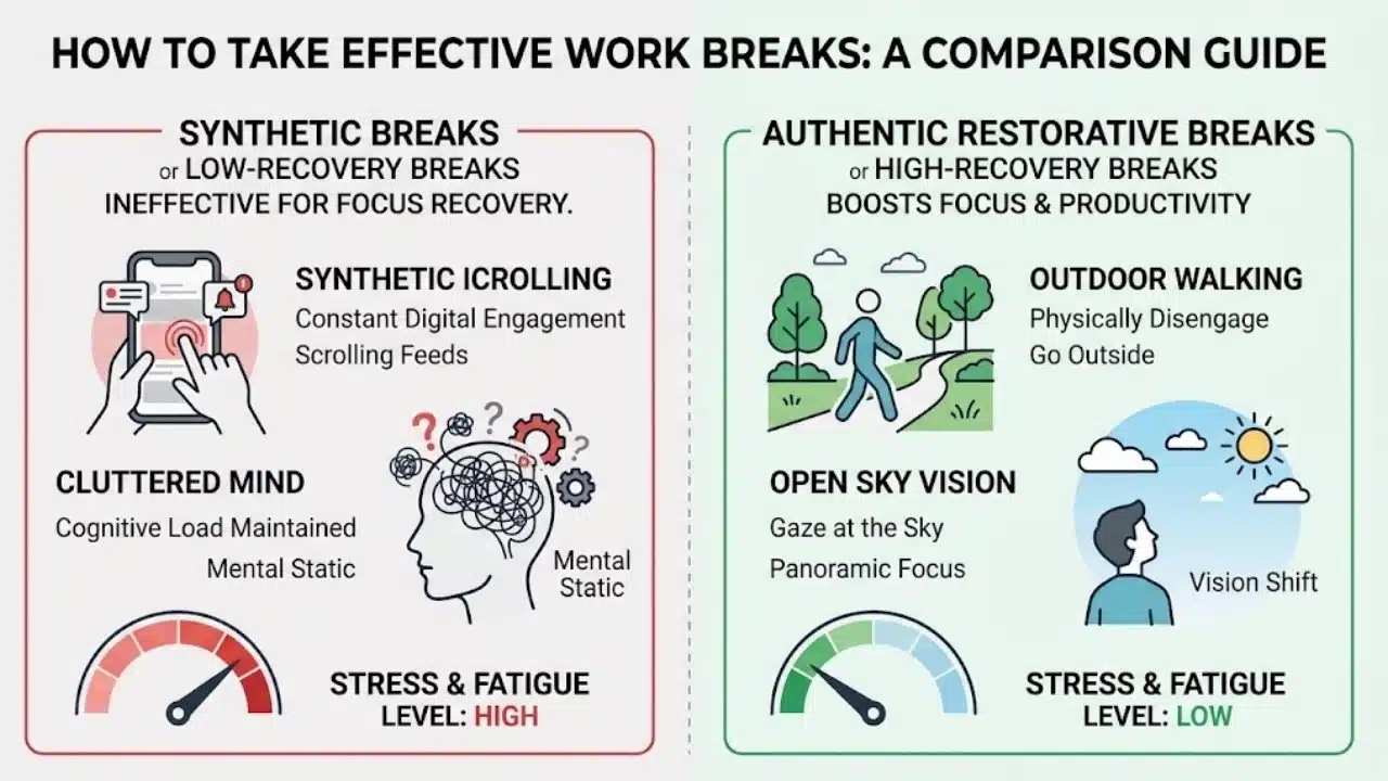 An infographic comparing synthetic breaks like phone scrolling with authentic restorative breaks like outdoor walks and breathwork.