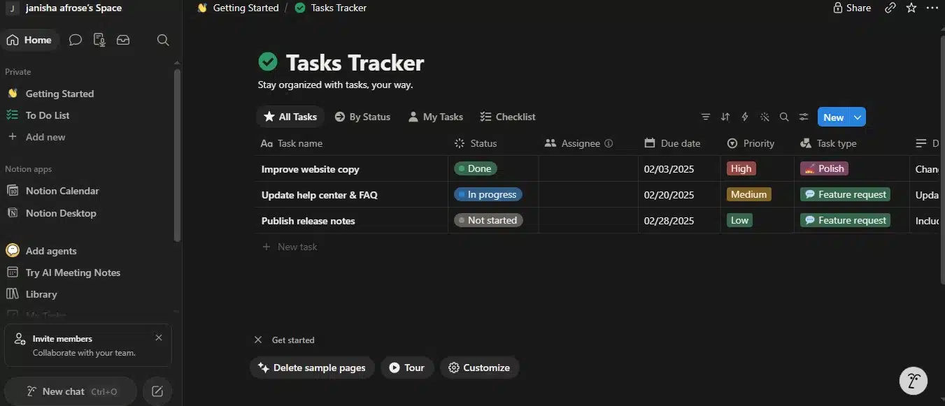 tasks tracker page creation