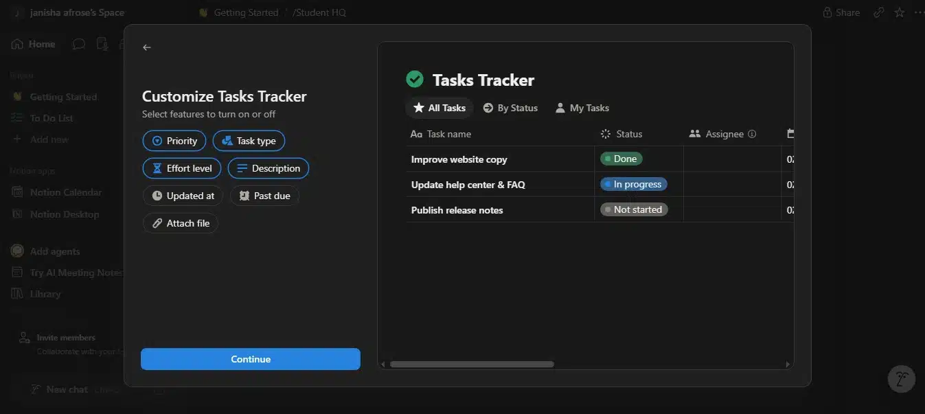 tasks tracker page customization