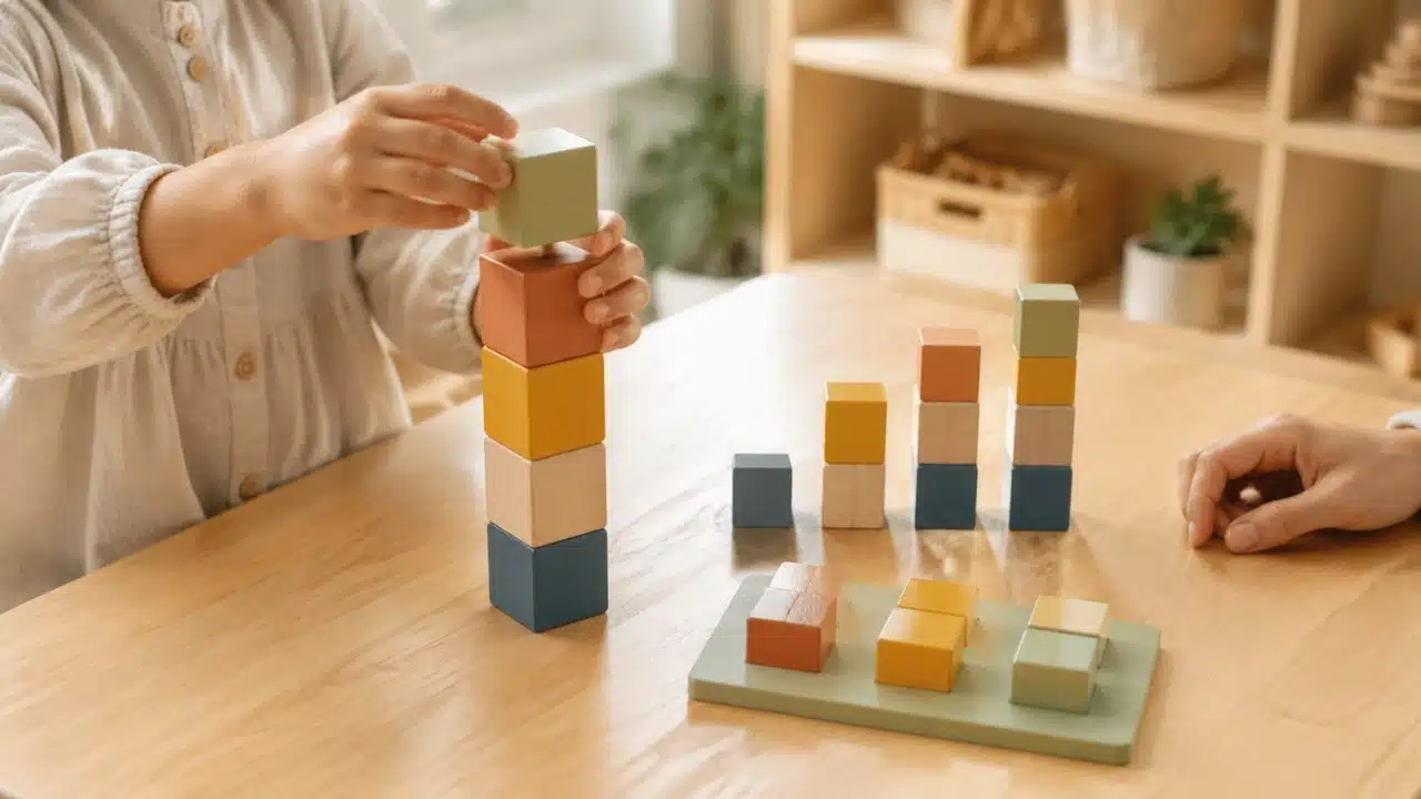 Child and adult use towers and arrays to teach numbers with building blocks, making quantities and comparisons easier to understand.