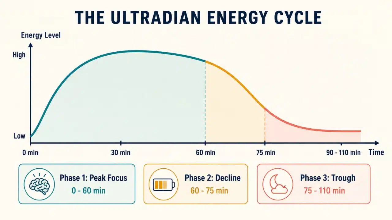 Ultradian energy cycle chart showing peak focus, energy decline, and the trough period, helping viewers understand when to work and recover.