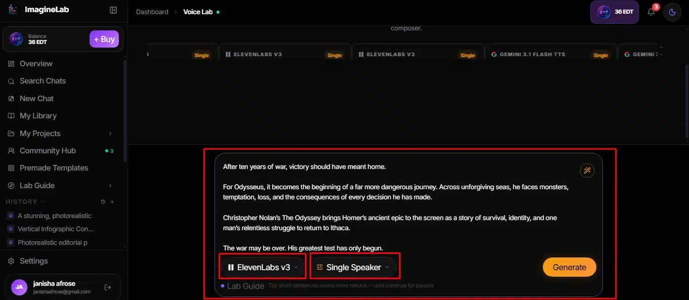 voiceover generation using Imaginelab