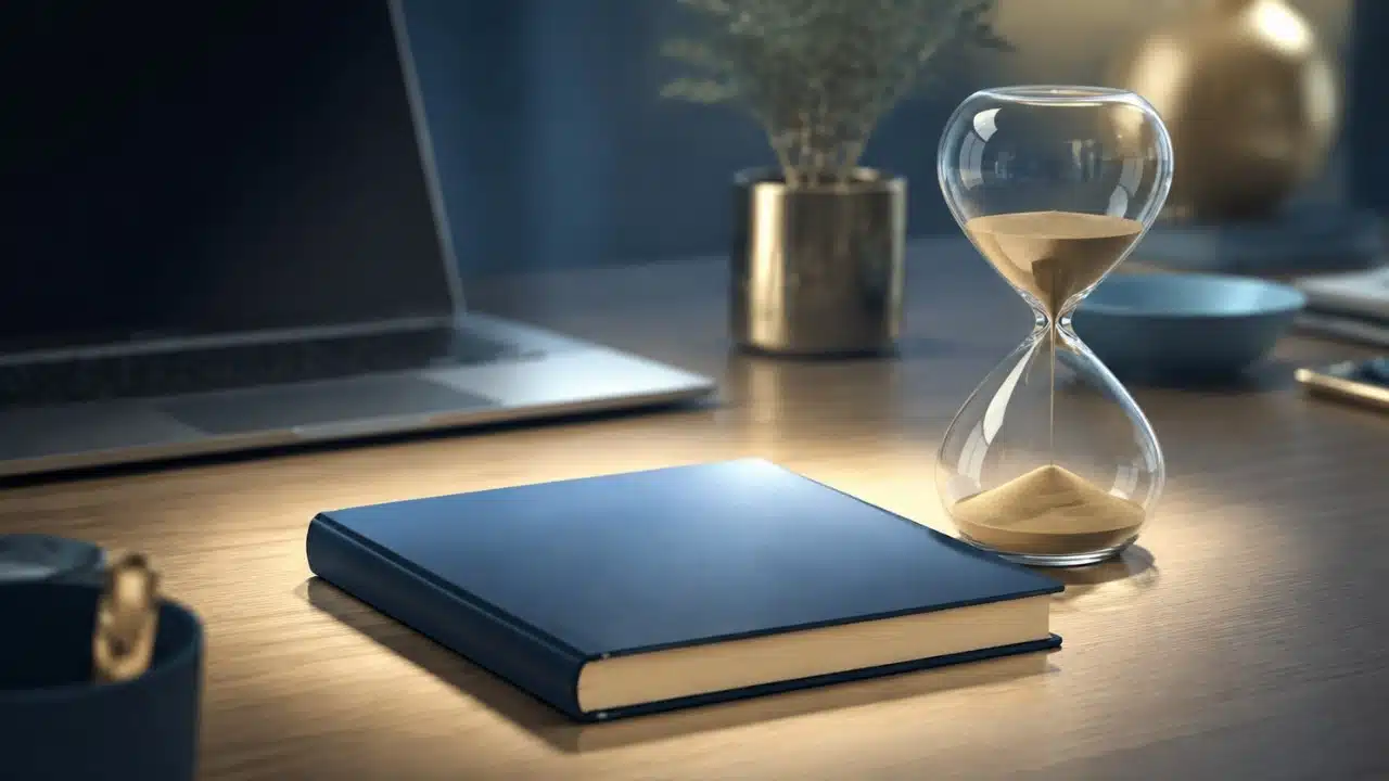 An hourglass sitting beside a modern laptop on a clean desk, illustrating what is Parkinson's Law by visually demonstrating how time constraints encourage focus and prevent workload expansion.