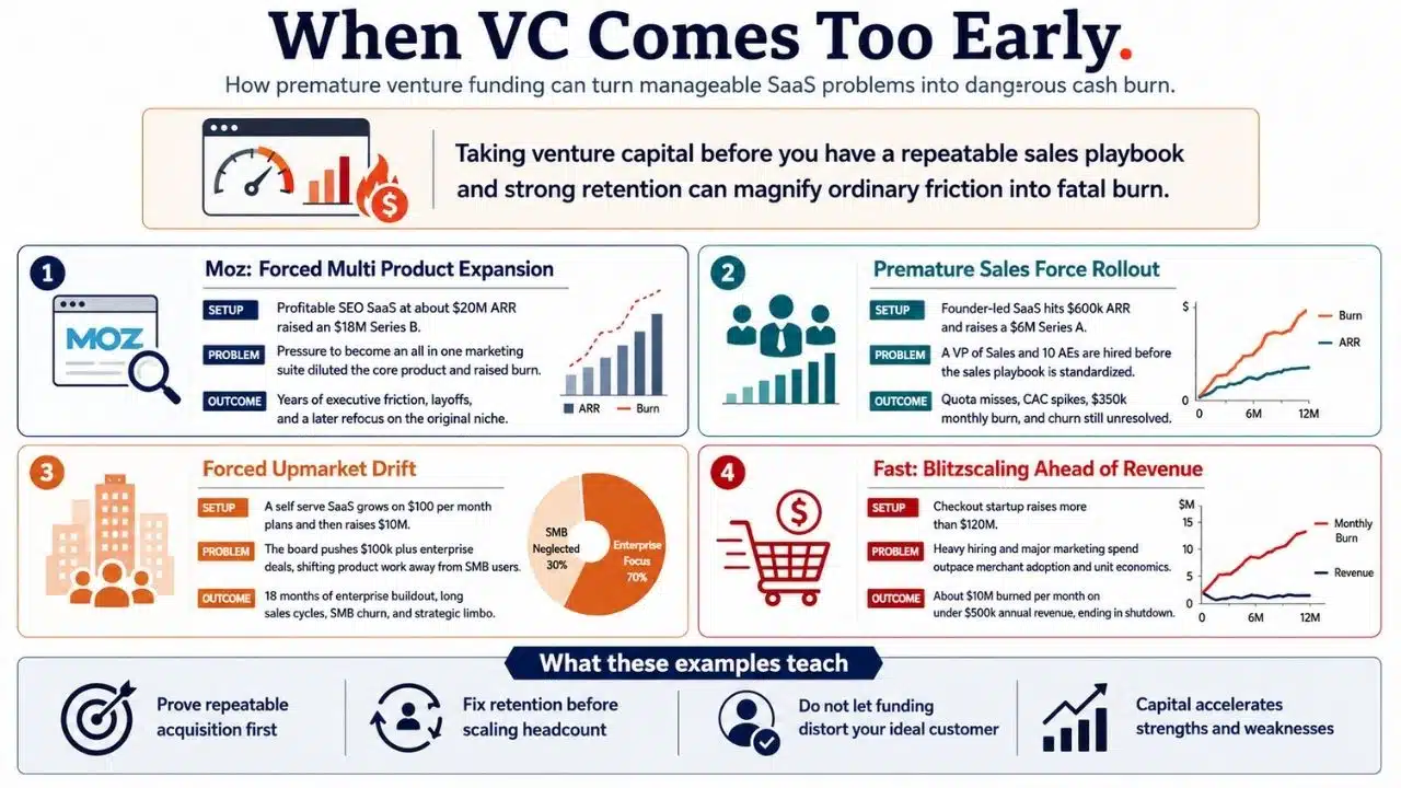 Infographic showing how premature venture funding can amplify weak sales processes, poor retention, product drift, and excessive cash burn in SaaS companies
