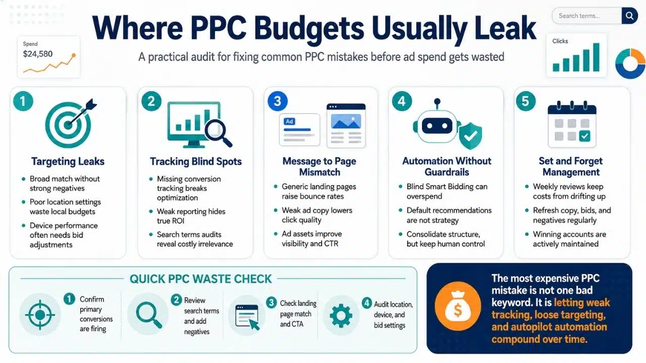 Infographic showing PPC budget leaks from poor targeting, weak tracking, landing page mismatch, unchecked automation, and neglected campaign management.