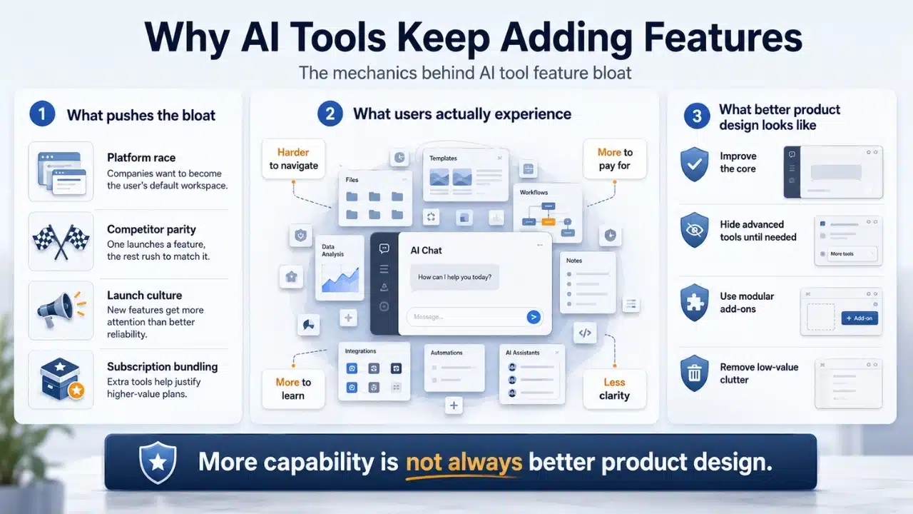 Infographic showing the business pressures behind AI feature growth, how users experience the resulting complexity, and ways better product design can reduce clutter.