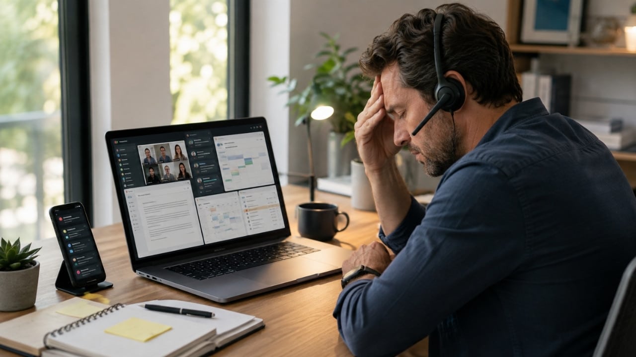 Why multitasking fails shown through an overwhelmed professional juggling messages, a video call, and multiple work tasks at once.