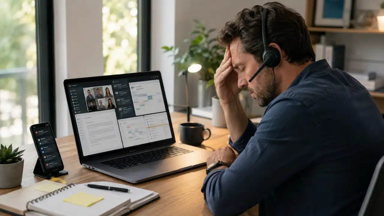 Why multitasking fails shown through an overwhelmed professional juggling messages, a video call, and multiple work tasks at once.