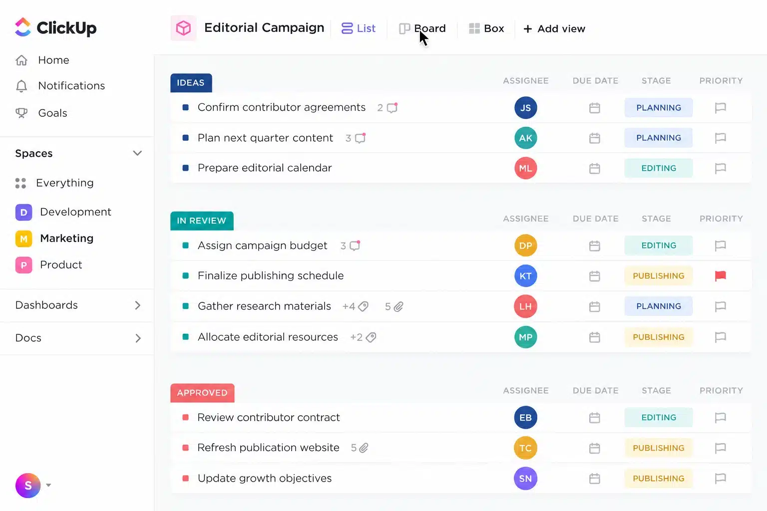 An editorial campaign created in ClickUp
